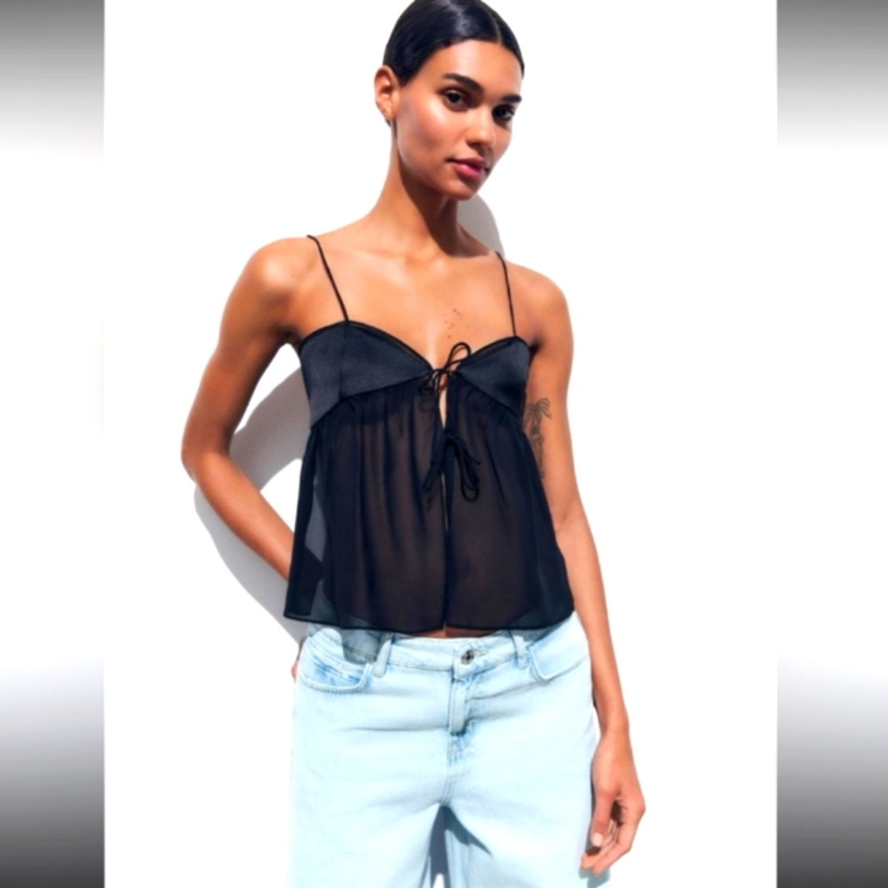 ZARA SEMI SHEER SLEEVELESS CAMISOLE IN BLACK